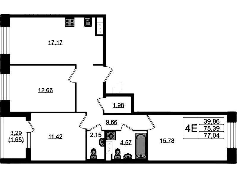 3-комнатная квартира 77.04 м², 5/5 эт., ЖК «Plus Пулковский»